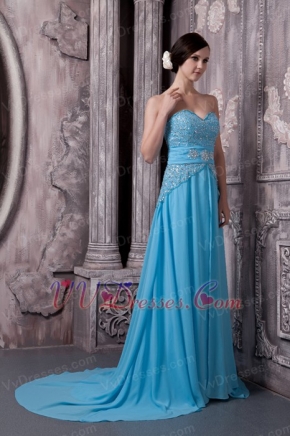 Aqua Blue Chiffon Beading Prom Dress Skirt And Court Train Inexpensive