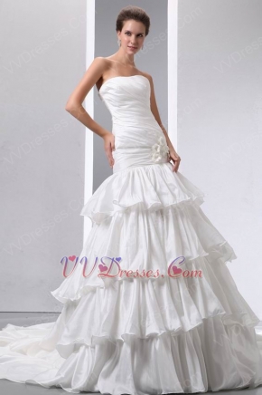 Strapless Flowers Layers Puffy Skirt Chapel Ivory Wedding Dress