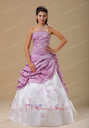 Embroidery Lilac Taffeta Prom Dress With Floor Length White Skirt