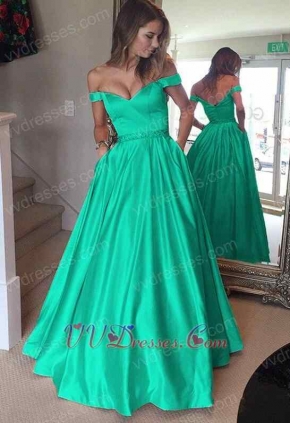 Off Shoulder Turquoise Puffy Satin Very Formal Dresses Has Pockets
