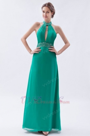 Halter Top Backless Cyan Blue Chiffon Prom Dress With Beading