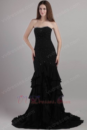 Black Chiffon Evening Gowns Dress Trumpet Layers Skirt