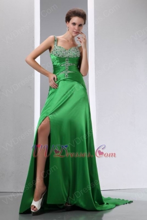 Beaded Front Split Panel Train Spring Green Evening Dress