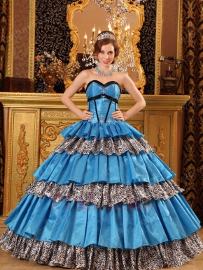 Popular Sweetheart Floor-length Cerulean Blue And Zebra Quinceanera Dress Sweetheart Interphase Cerulean Blue And Zebra Quinceanera Dress