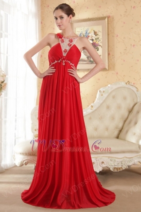 Scoop Neckline Red Chiffon Beaded Prom Dress Cheap