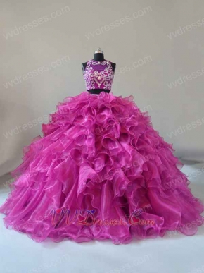 Factory Direct Two Pieces Deep Fuchsia Glossy Organza Military Ball Gown Court Train