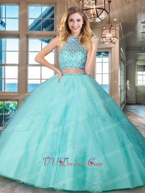 Ice Blue Two Pieces Show Belly Button Little Train Quinceanera Dress Boutique