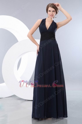 Halter V-Neck Long Navy Blue Chiffon Designer Prom Dress