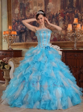 Aqua And White Interphase Ruffles Dama Quinceanera Dress