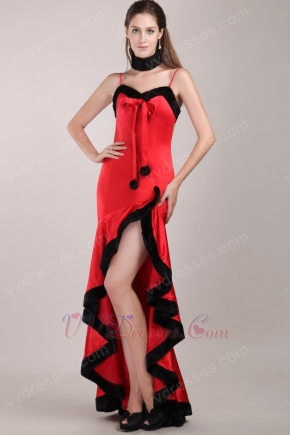 Red High-low Christmas Day Prom Dress With Spaghetti Straps