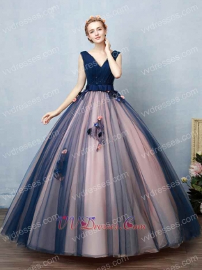 Blush Covered Navy Contrast Color Ingenious Design Ball Gown For Women