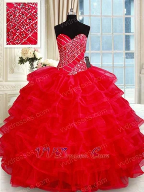 Floor Length Red Multilayers Organza Cake Quinceanera Girl Ball Gown Factory