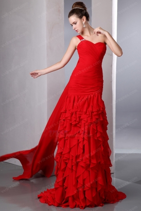 Amazing One Shoulder Cascade Skirt Red Evening Chiffon Dress