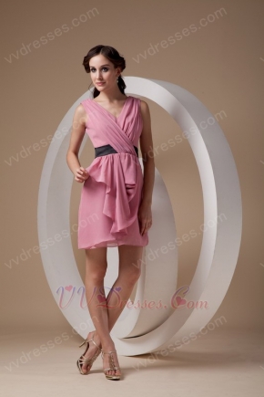 Pearl Pink V Neckline Sweet Sixteen Dress With Black Sash