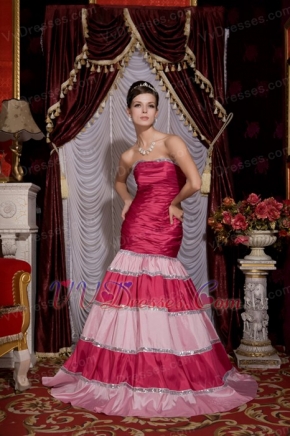 Fuchsia and Pink Multi Color Mermaid Strapless Puffy Prom Gowns Inexpensive