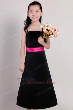 Spaghetti Straps Black Stain Flower Girl Dress With Fuchsia Sash