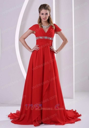 Red V-neck Cap Sleeves Design Chiffon Prom Gowns For Engagement Supplier