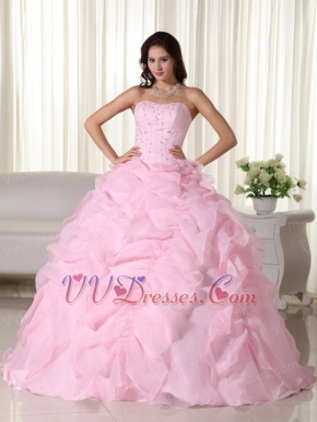 Strapless Ruffles Skirt Puffy Pink Quince Dress With Beading Like Princess