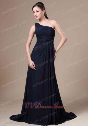 Navy Blue One Shoulder Brush Train Wedding Party Dress For Mother Conservative