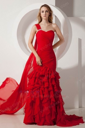 Beautiful One Shoulder Mermaid Ruffles Skirt Prom Celebrity Dress