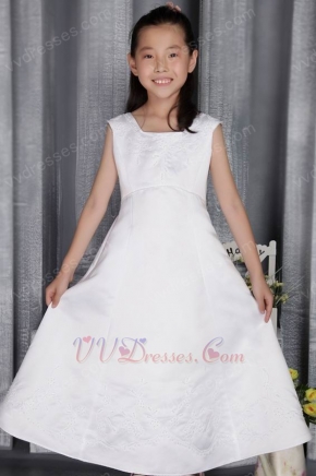 White A-line Square floor-length Satin Embriodery Flower Girl Dress