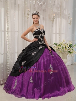 Appliqued Strapless Black and Purple Quince Dress For Young Girl