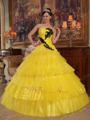 Bright Yellow Layers Cascade Long Skirt Dress To Quinceanera