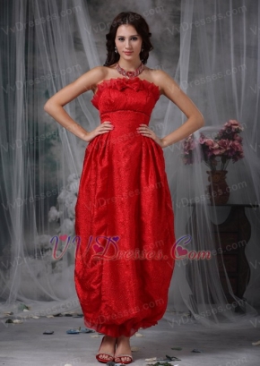 Red Column Strapless Ankle-length Organza Bow Prom Dress Inexpensive