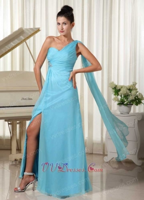 Aqua Blue Evening Dinner Dress Single Strap Streamer Shoulder Watteau Train