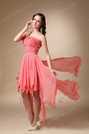 Asymmetrical Watermelon Chiffon Drapped Skirt Short Prom Dress