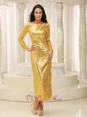 Long Sleeves Sparkle Golden Sequin Side Slit Prom Dress Tea Length