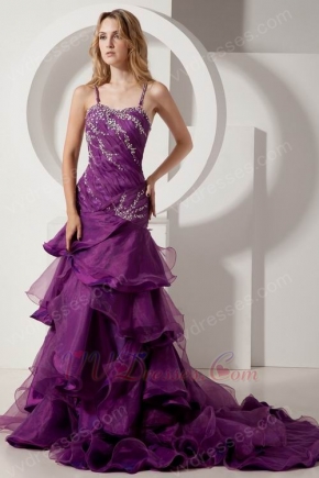 Backless Layers Grape Purple Spaghetti Straps Evening Dress Gown