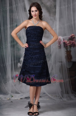 Navy Blue Strapless Lace Layers Short Prom Dress Cheap Knee Length Sexy