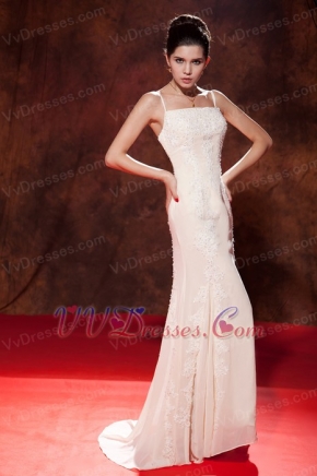 Champagne Mermaid Spaghetti Straps Prom Dress With Appliques Inexpensive