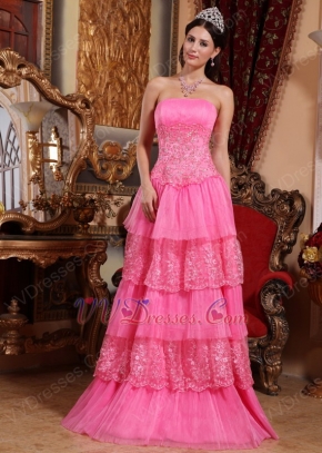 Hot Pink Prom Pageant Dress With Lace Cascade Skirt