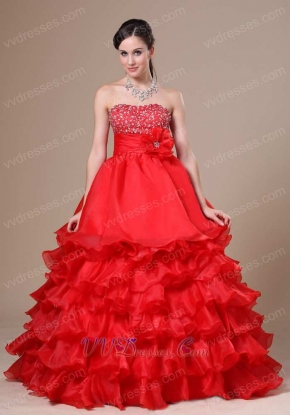 Featured Strapless Ruffled Multilayers Red Floor-length Military Ball Gown