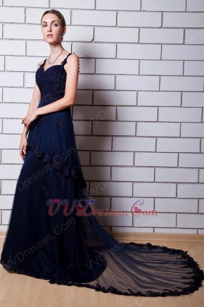 Spaghetti Straps Layers Skirt Navy Blue Formal Dress With Applique