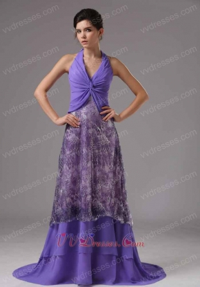 Halter Crossed Tie Empire Amethyst Prom Dress Covered Printed Pattern