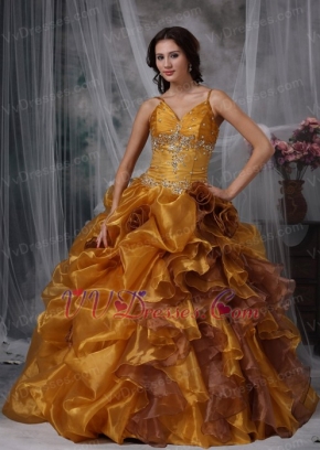 Spaghetti Straps Ruffled Yellow Quinceanera Dress With Flowers Like Princess