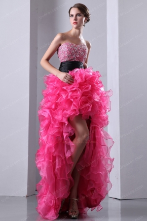 Crystals High Low Ruffles Skirt Hot Pink Cocktail Party Dress