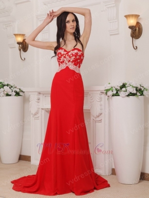 Red Sweetheart Brush Train Chiffon Pageant Dress Petite