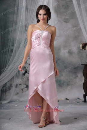 Pink Straps V Halter High-low Prom Dress For Discount Short and Long Skirt