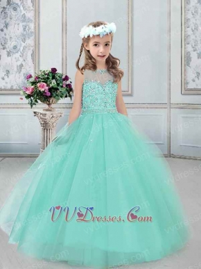 See Through Bateau Neckline Tulle Little Girl Pageant Dress in Apple Green
