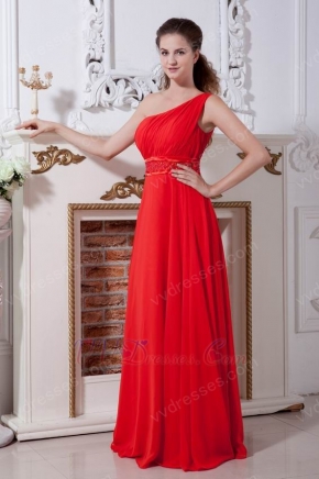 One Shoulder Floor Length Red Chiffon Skirt Prom Party Dress