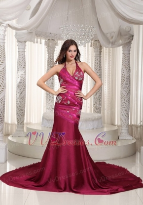 Fuchsia Chapel Train Prom Dress With Halter Top Skirt 2014 Inexpensive