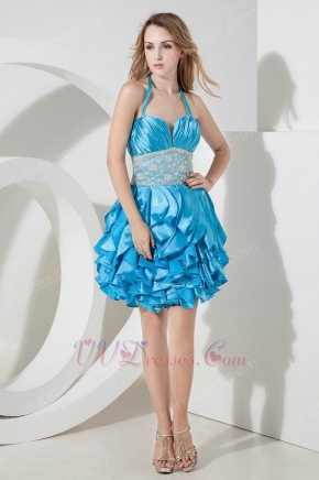 Unique Halter Ruffled Knee Length Skirt Flaring Blue Short Prom Dress