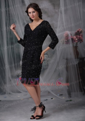 V-neck 3/4 Sleeves Black Lace Mother of the Bride Dress Luxury