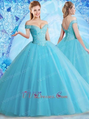 Off Shoulder Flat Pin-tuck Tulle Ice Blue Vivacious Quinceanera Ball Gown 2019