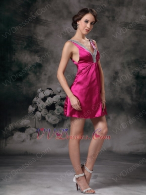 Deep V-neck Knee Length Fuchsia Sweet 16 Dress