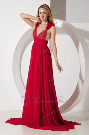 Gorgeous Red Crystals Straps Sleeveless A-line Chiffon Prom Dress